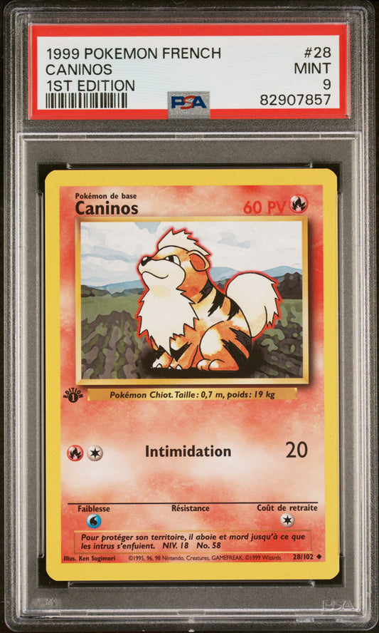 Carte Pokémon Caninos ED1 28/102 Set de base PSA 9