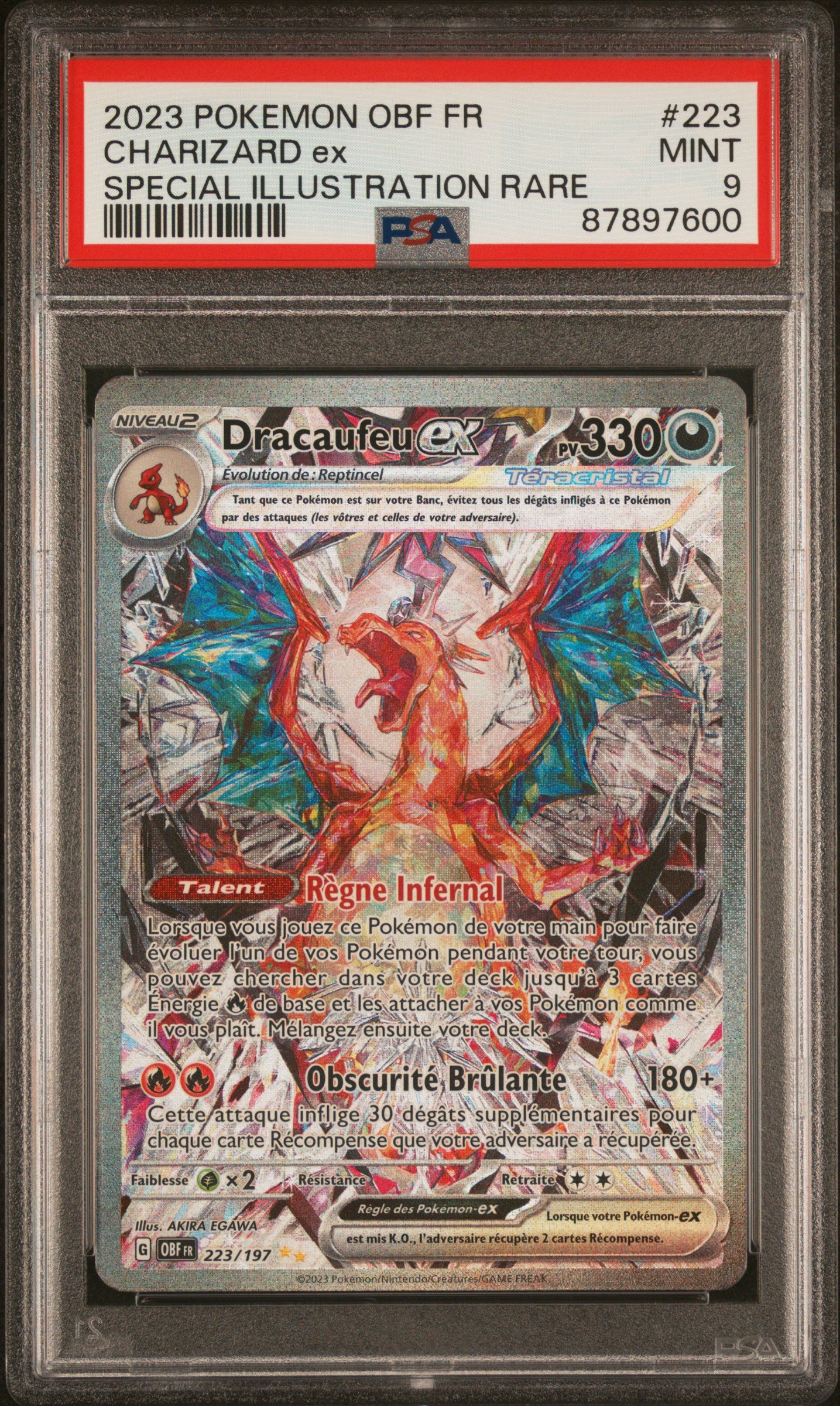 Carte Pokémon Dracaufeu ex ALT 223/197 Flammes Obsidiennes PSA 9